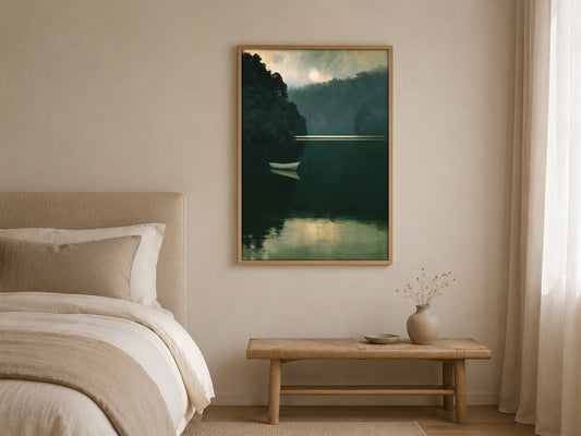 The Far Shore green lake wall art, framed in a styled interior