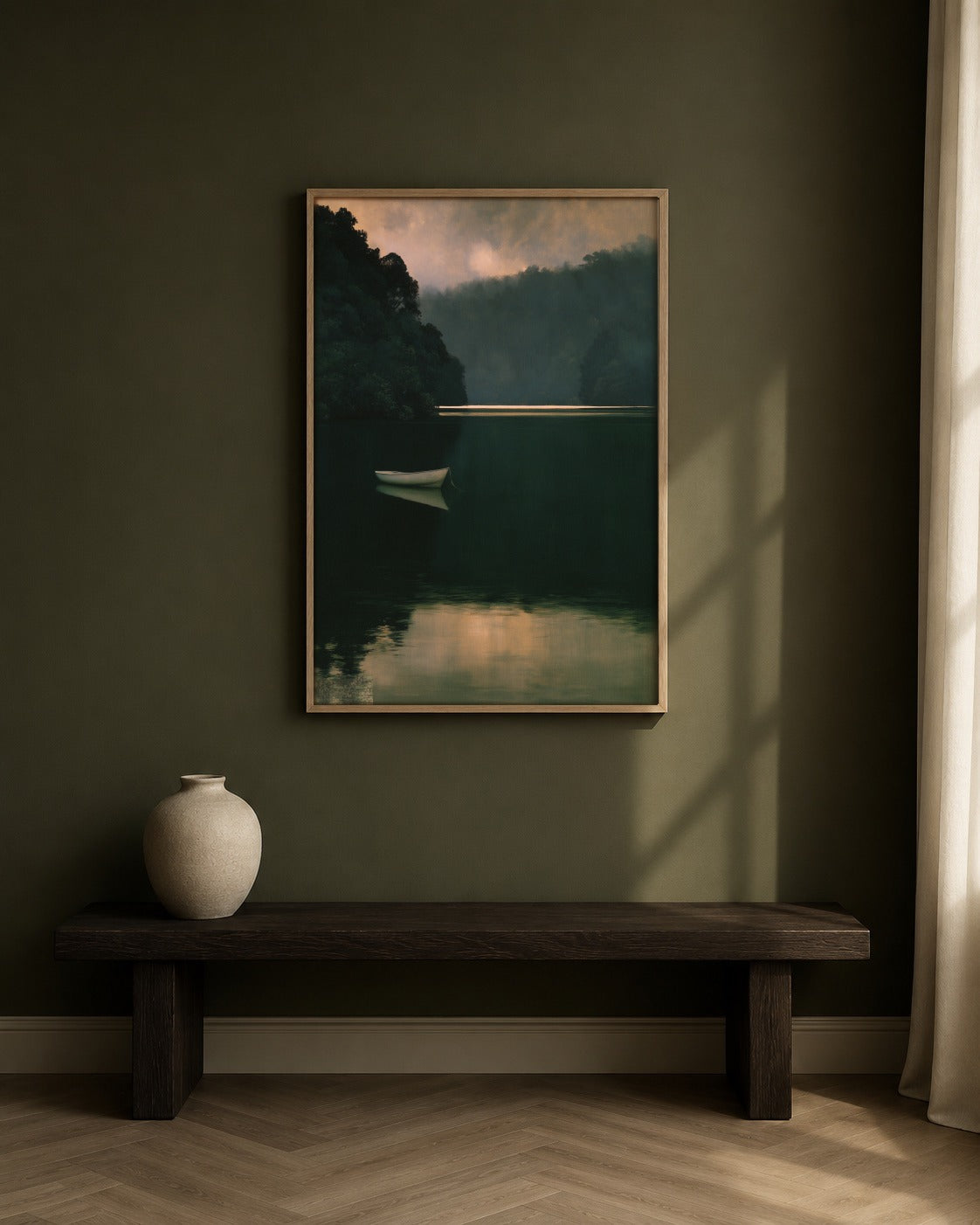 The Far Shore framed lake artwork in a contemporary interior