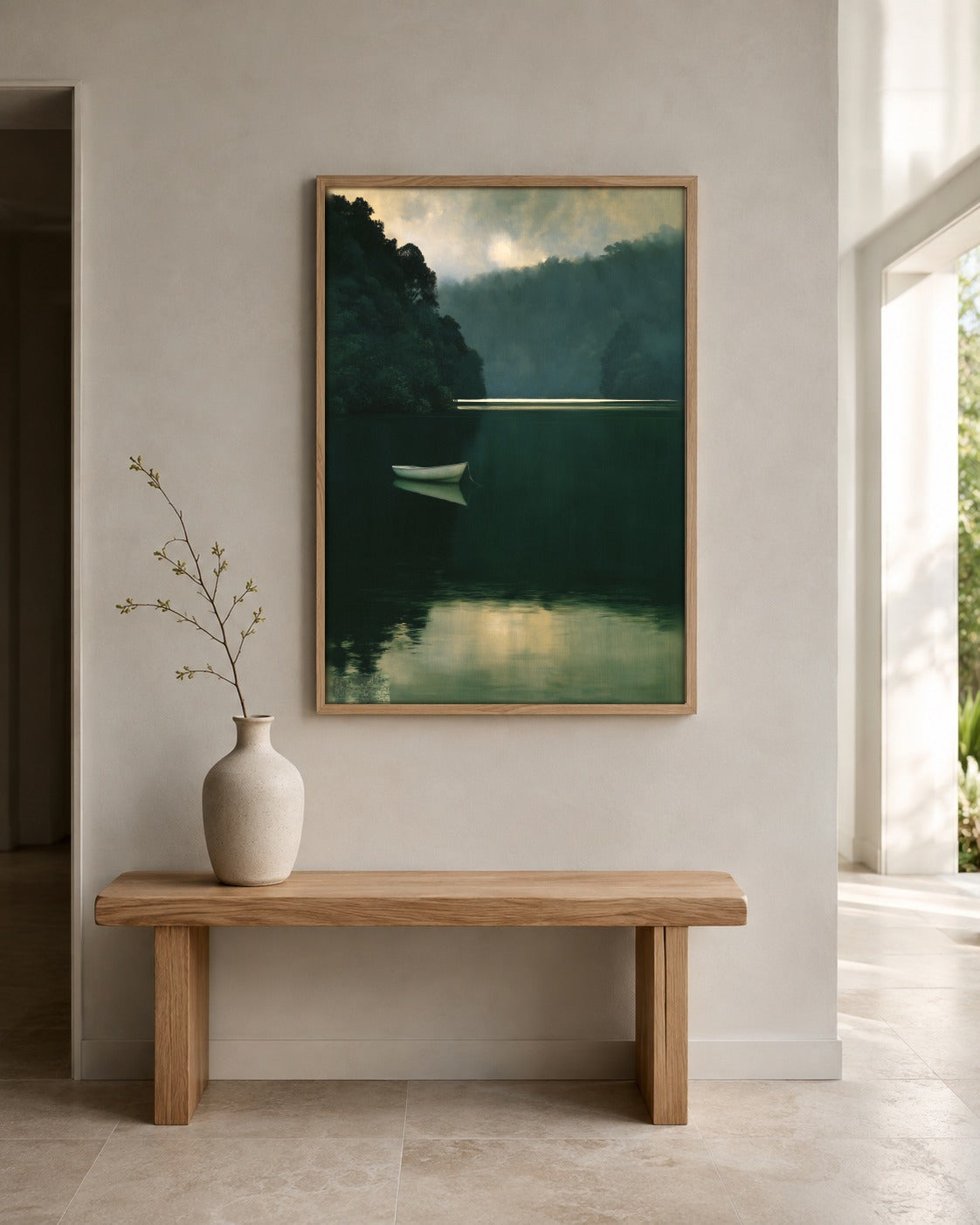 The Far Shore atmospheric boat wall art displayed in a home interior