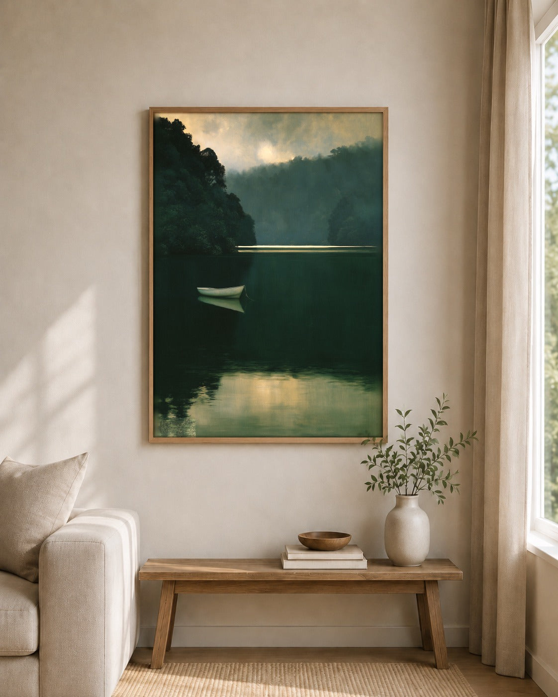 The Far Shore framed wall art styled on an interior wall