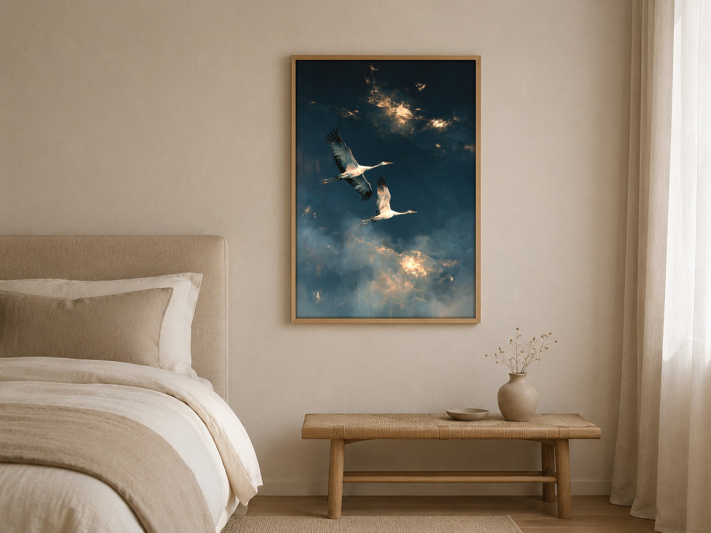 Gilded Flight framed crane wall art in a contemporary interior