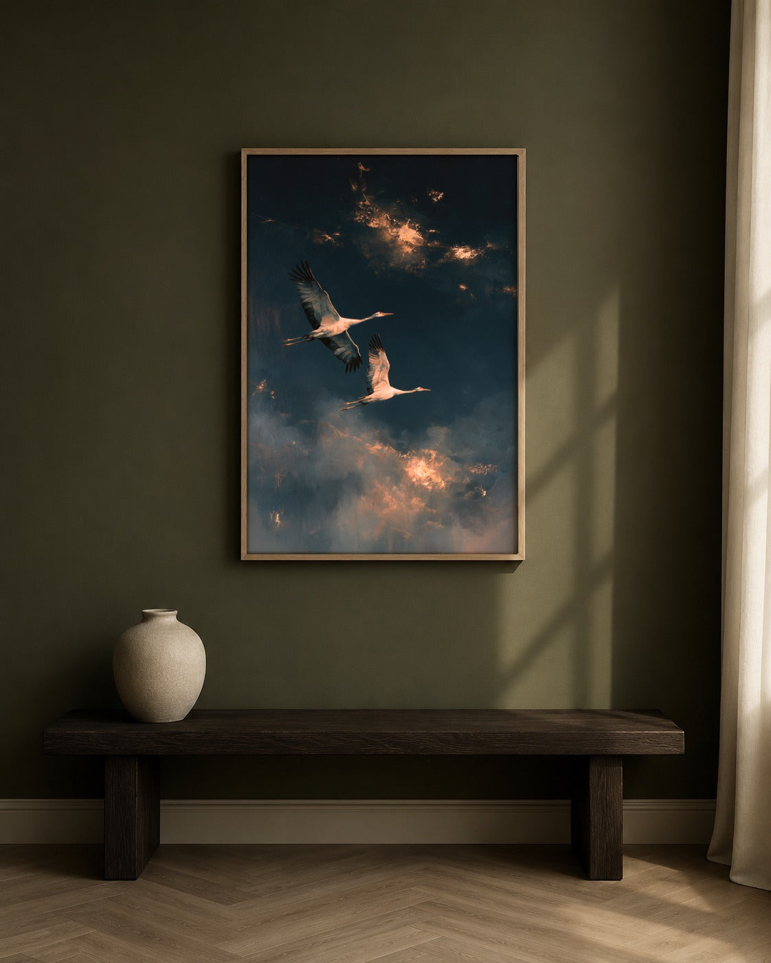 Gilded Flight blue crane wall art, framed in a styled interior