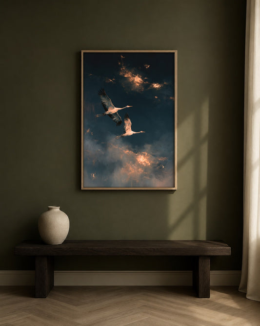 Gilded Flight blue crane wall art, framed in a styled interior