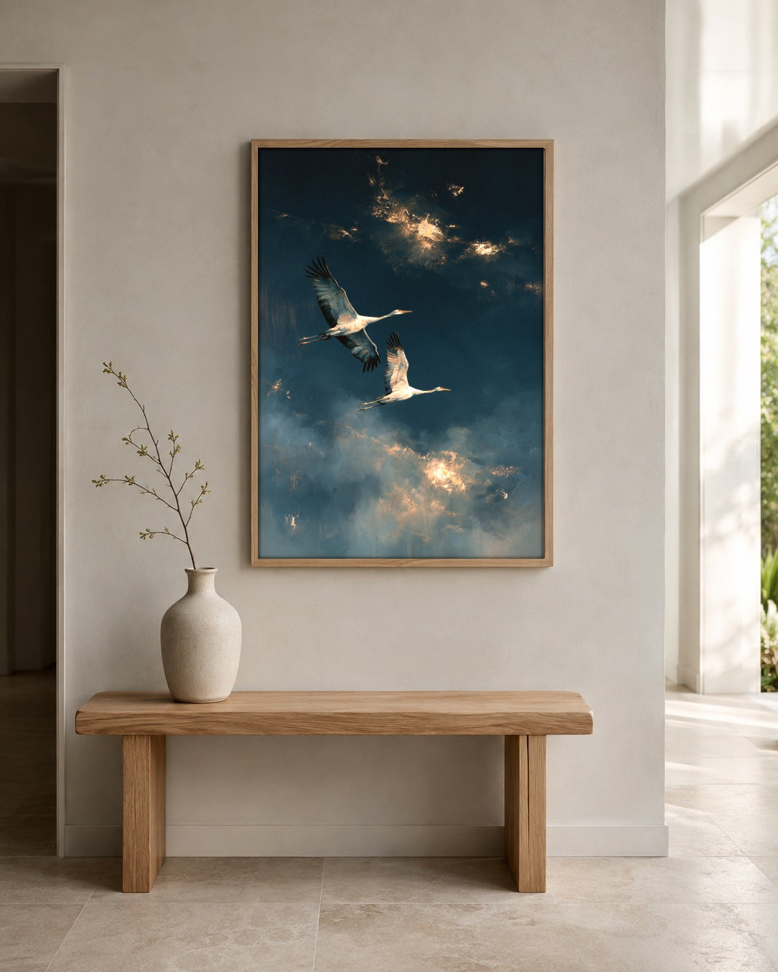 Gilded Flight blue crane wall art interior view