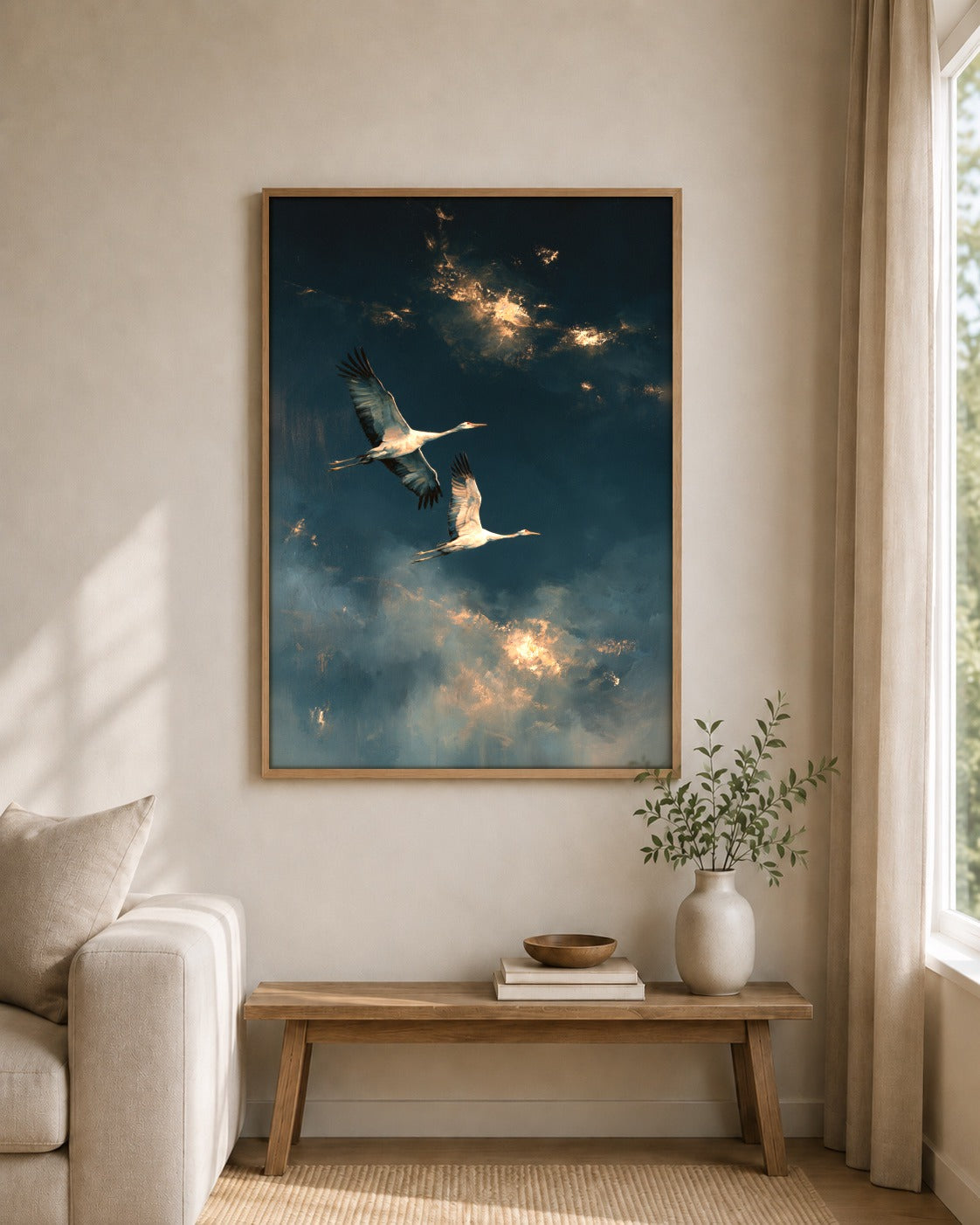 Gilded Flight blue crane artwork displayed in a home interior