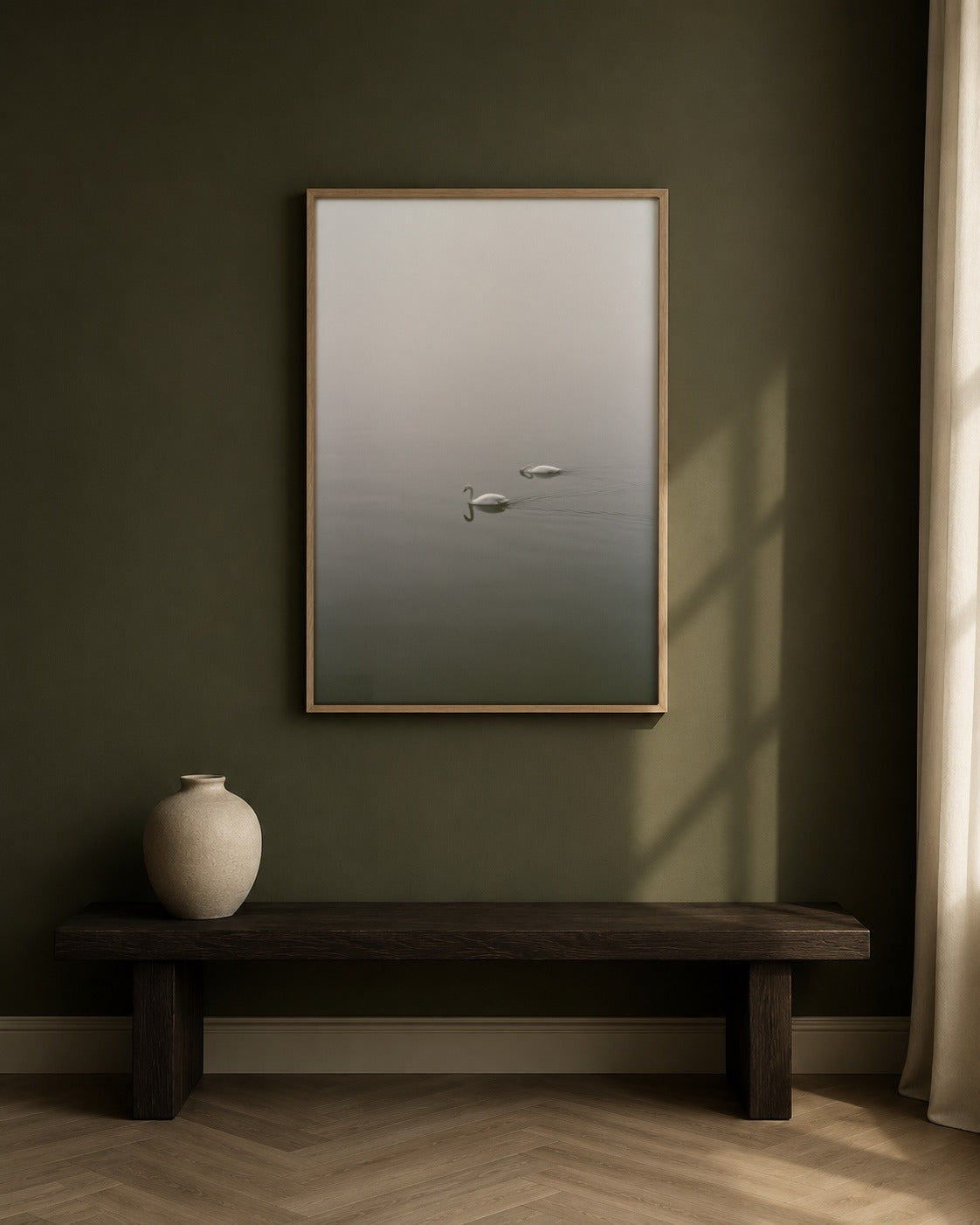 Two in the Mist framed pair of swans artwork in a contemporary interior