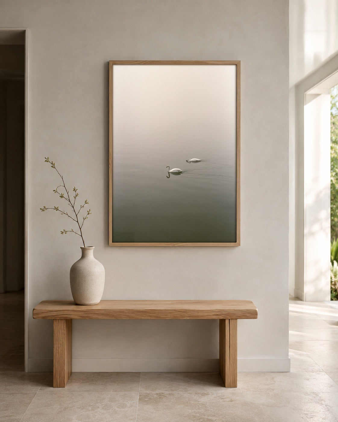Two in the Mist swan wall art displayed in a home interior