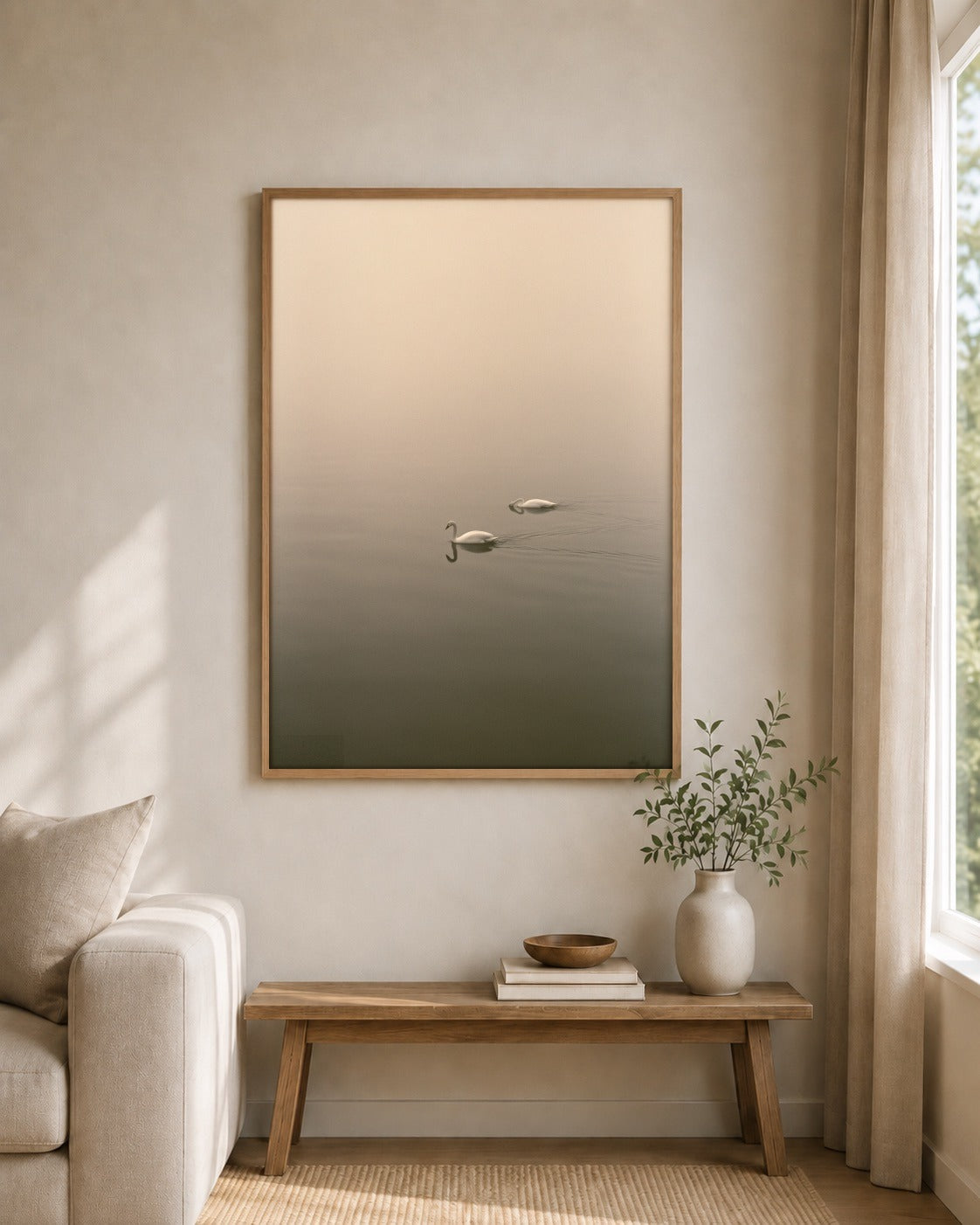 Two in the Mist framed wall art styled on an interior wall