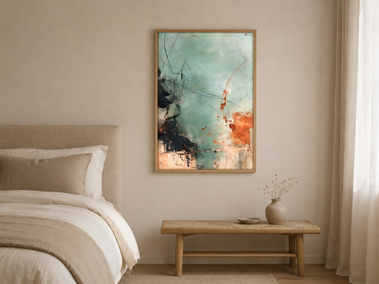 Verdigris teal and burnt orange abstract wall art, framed in a styled interior
