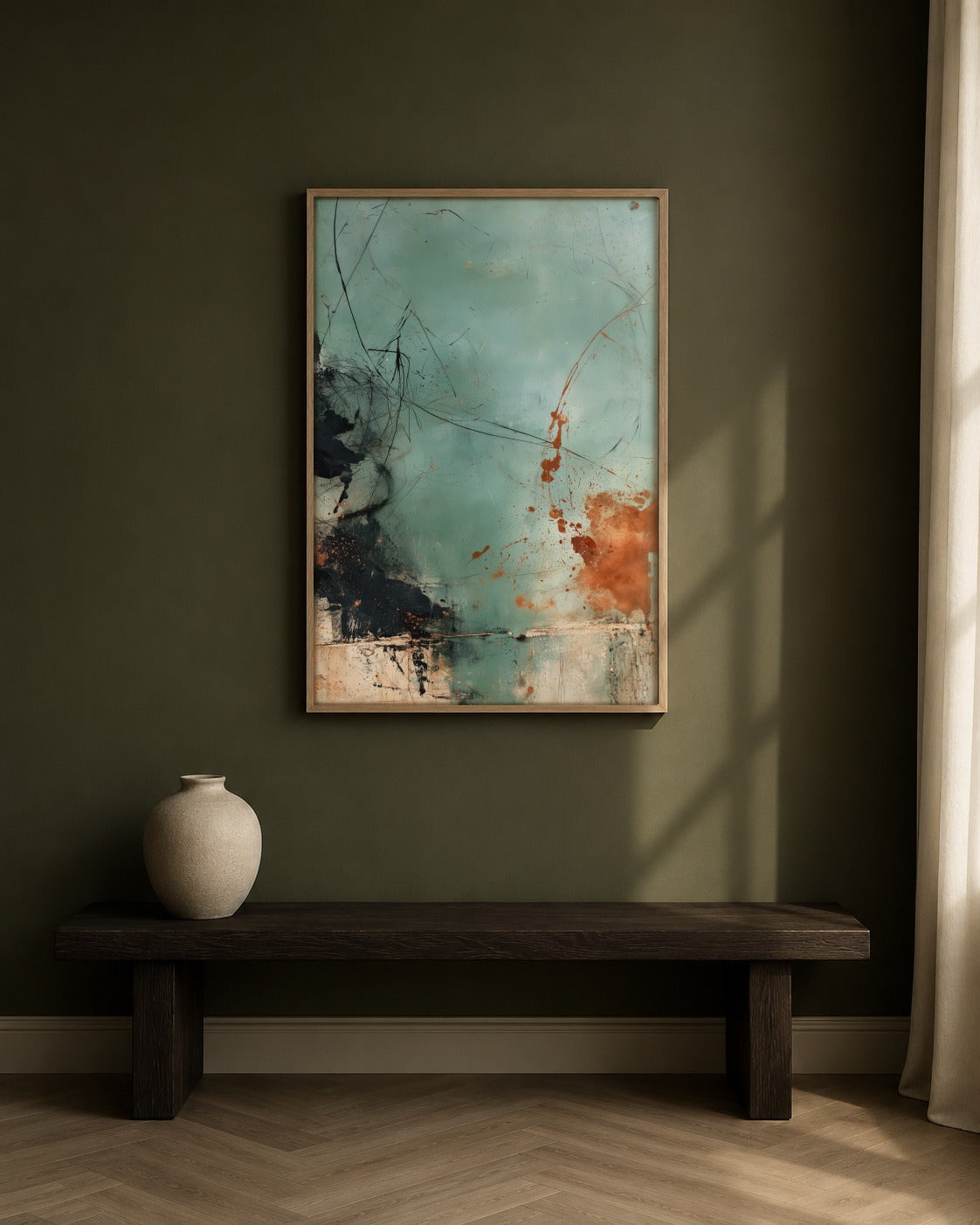 Verdigris framed abstract artwork in a contemporary interior