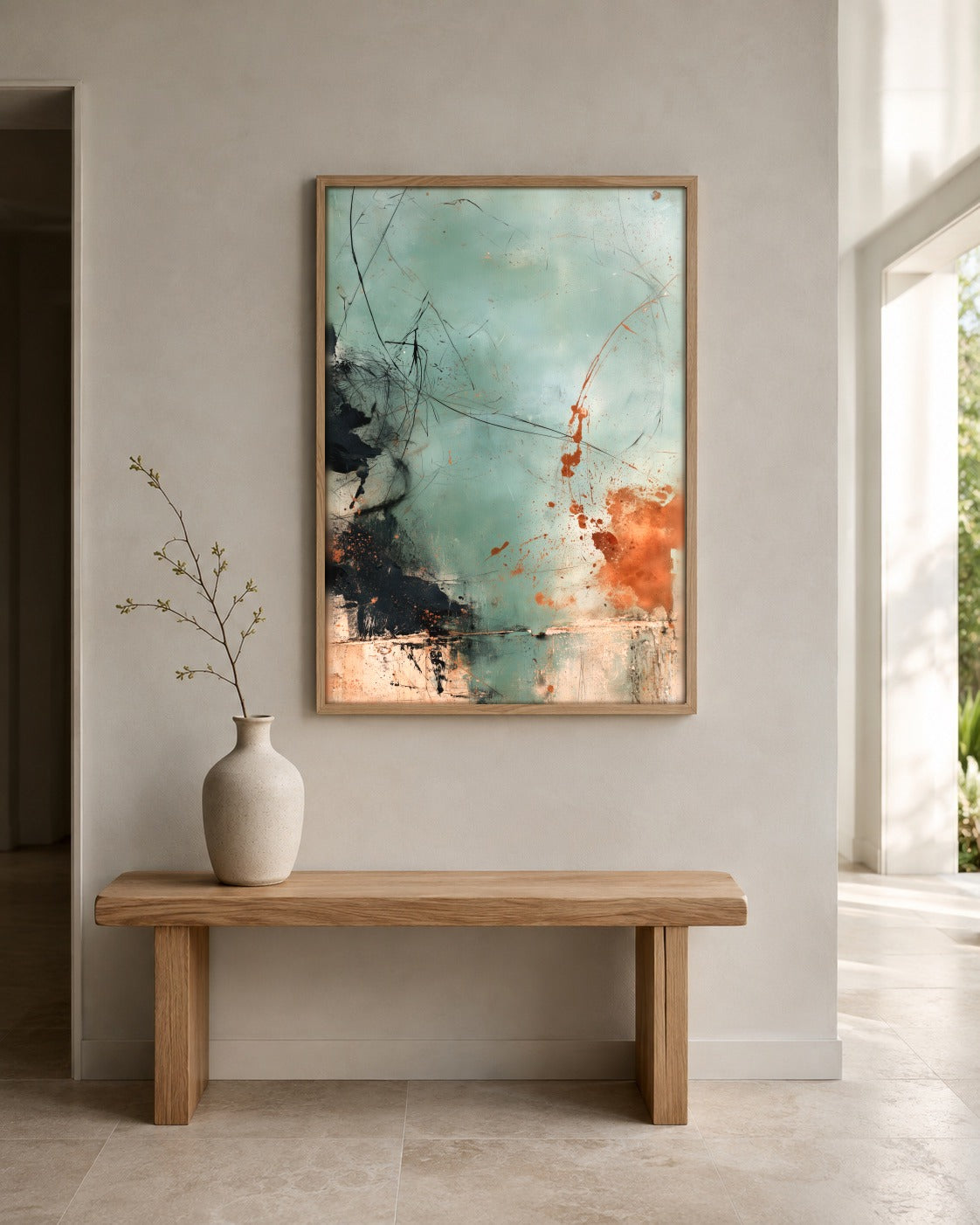 Verdigris teal abstract wall art displayed in a home interior
