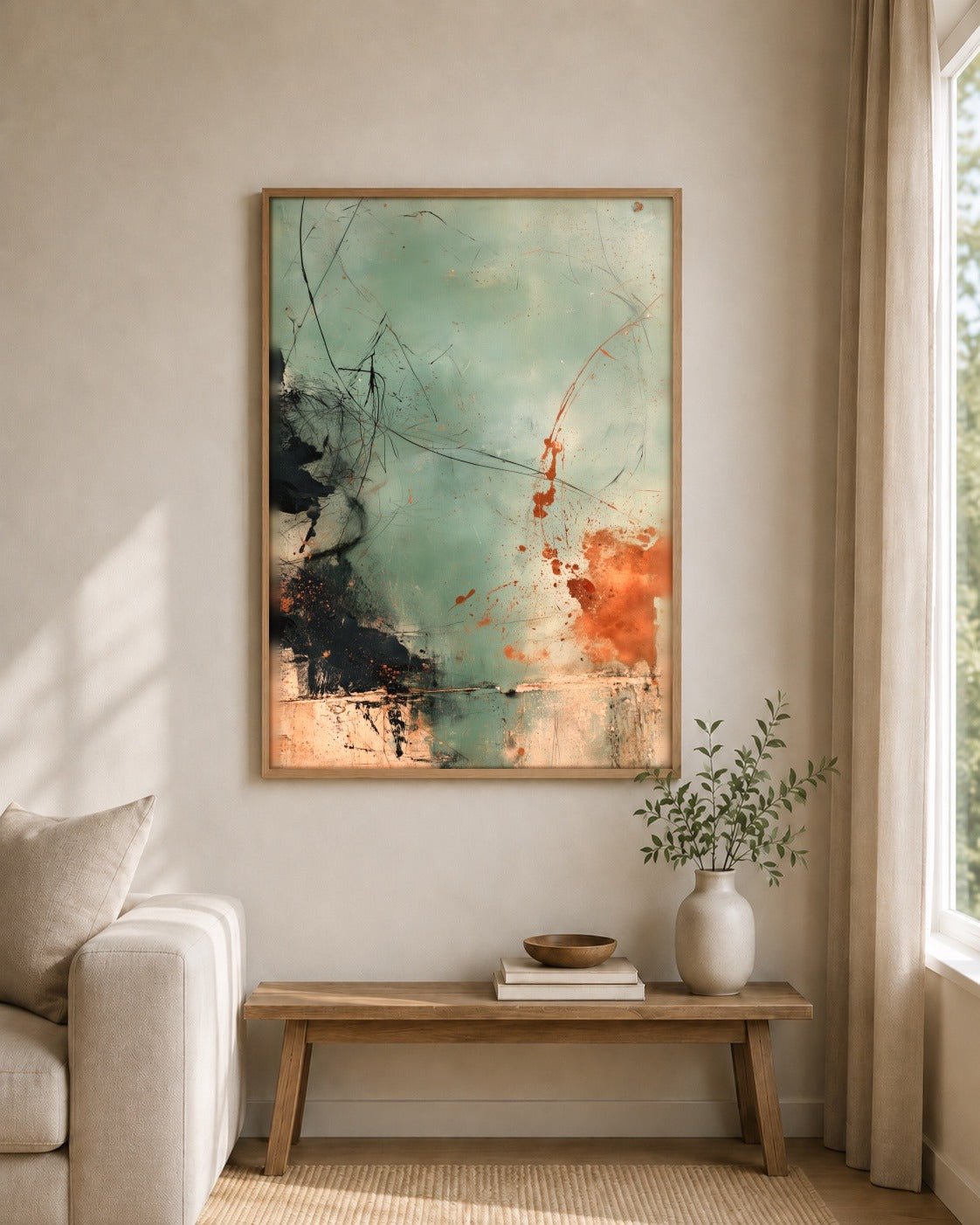 Verdigris framed wall art styled on an interior wall