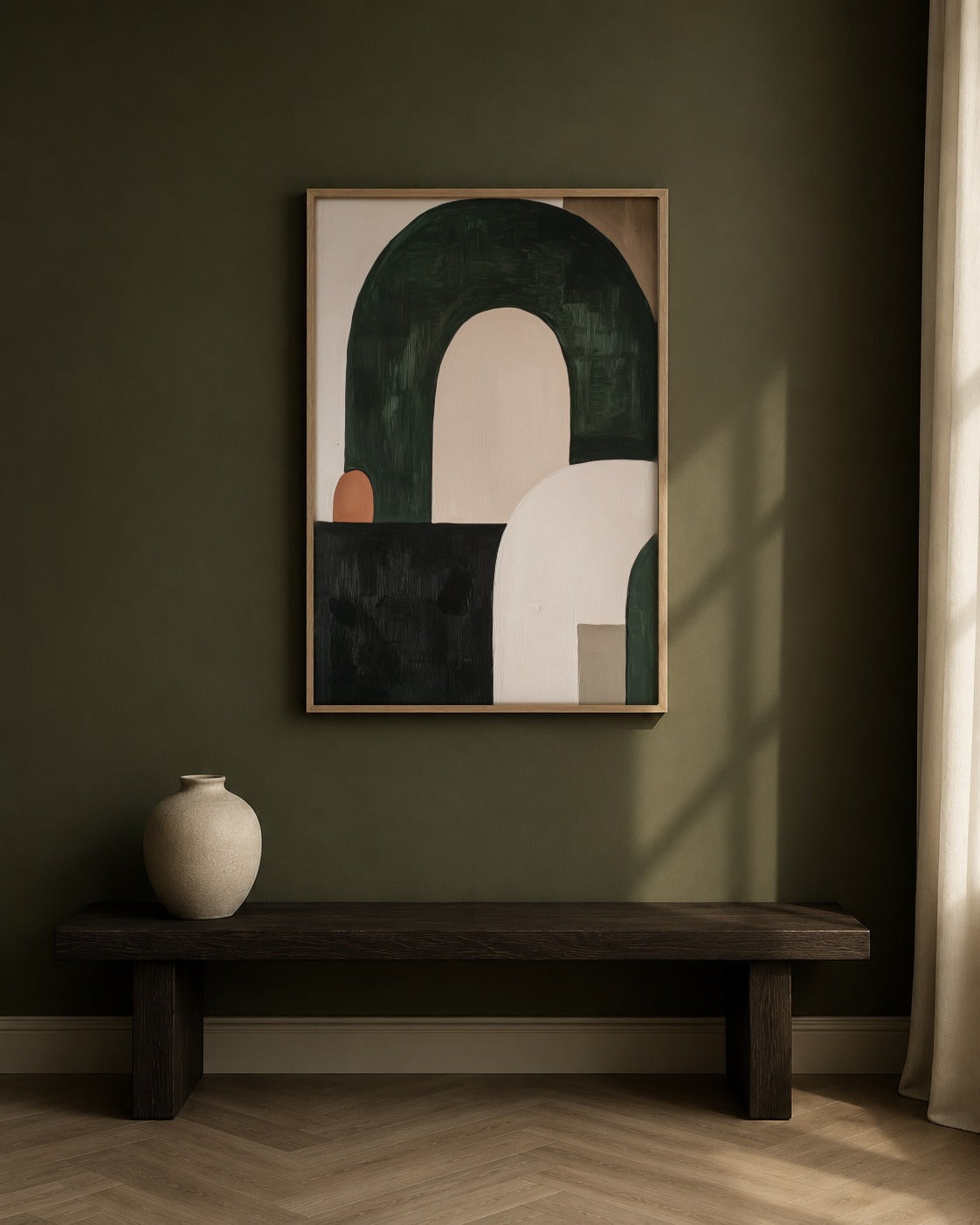 Wabi Form olive green abstract wall art, framed in a styled interior