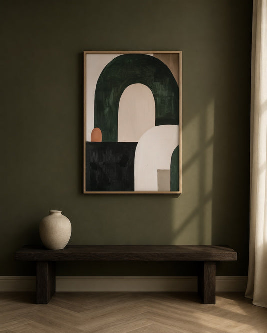 Wabi Form olive green abstract wall art, framed in a styled interior
