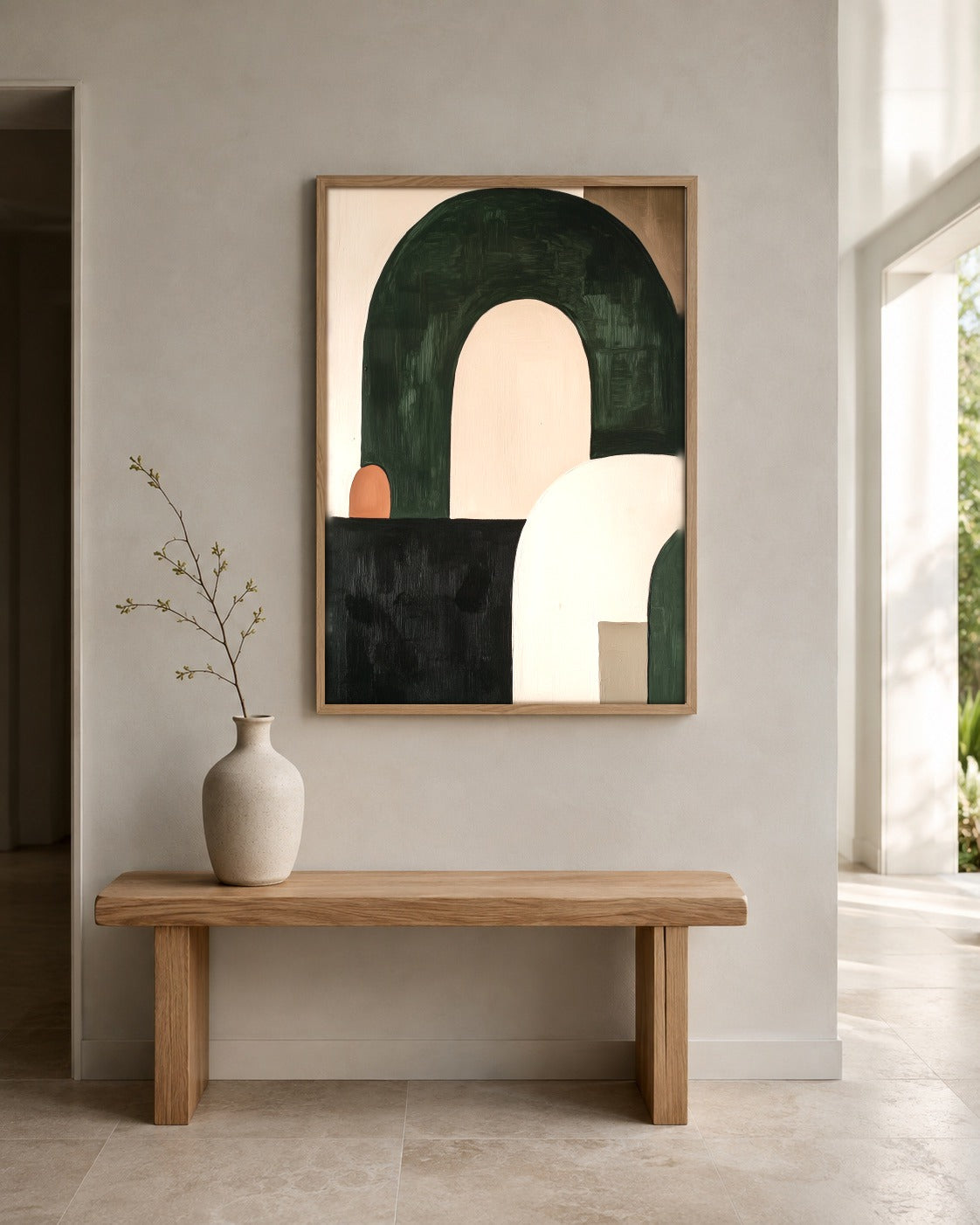 Wabi Form olive green arch wall art displayed in a home interior