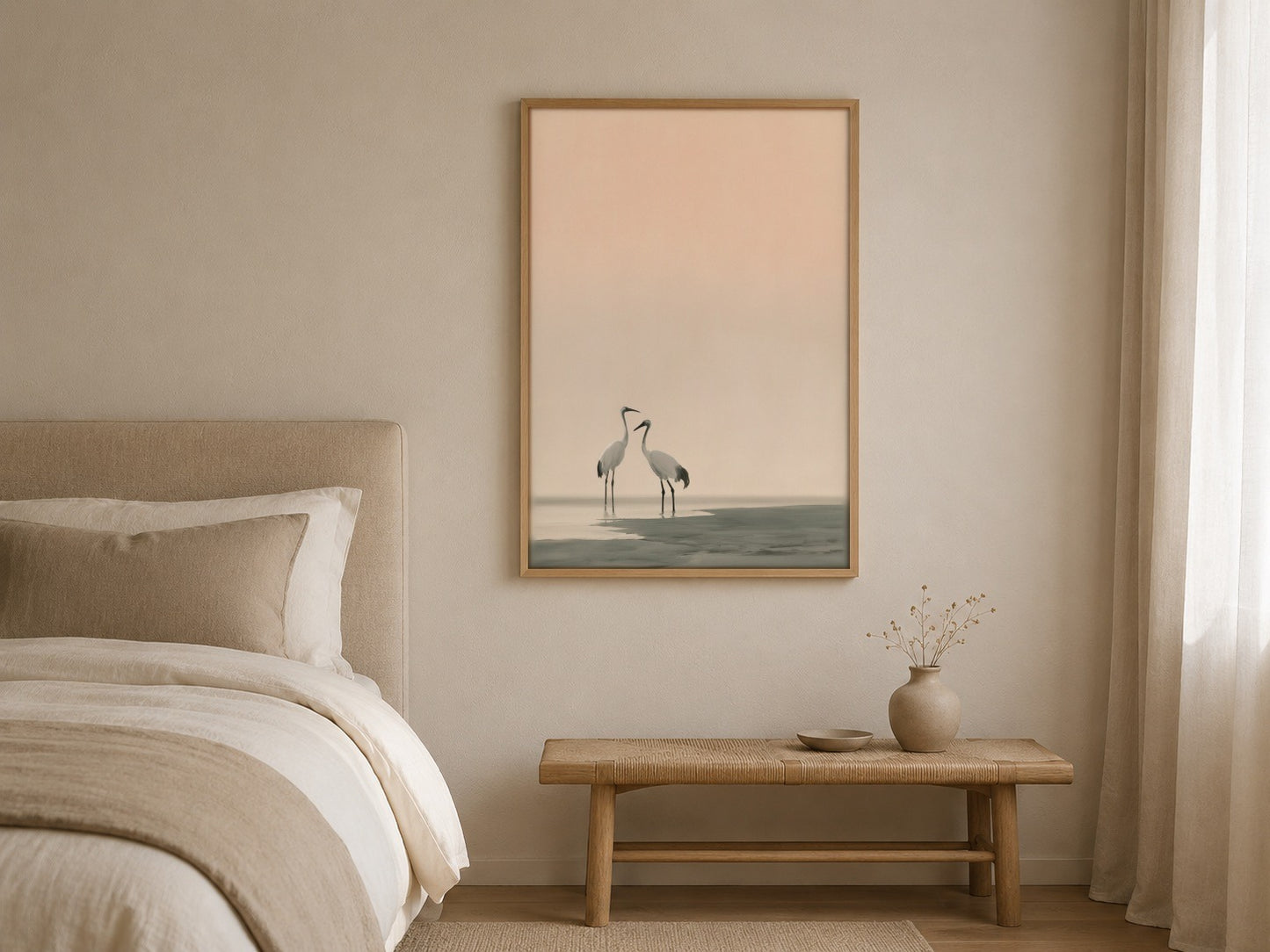 The Quiet Meeting wading birds wall art, framed in a styled interior