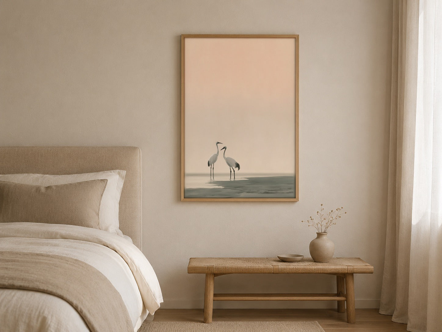 The Quiet Meeting wading birds wall art, framed in a styled interior