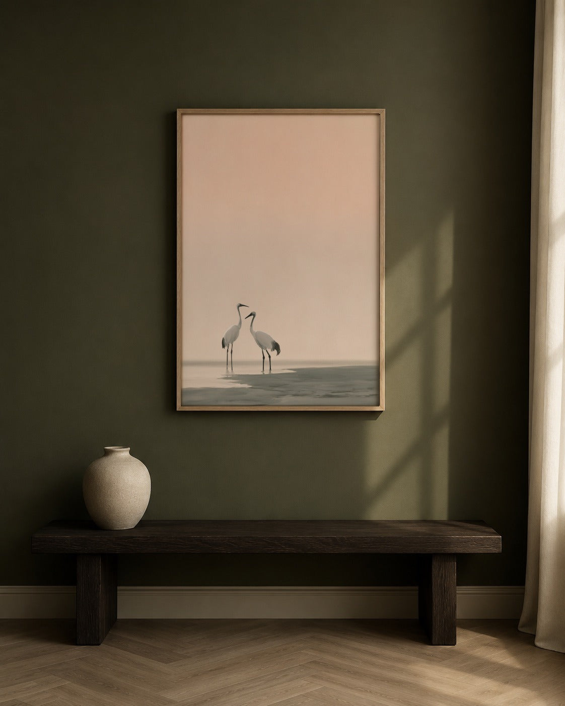 The Quiet Meeting framed bird artwork in a contemporary interior