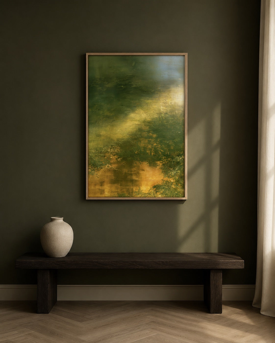 Where the Light Falls framed woodland artwork in a contemporary interior