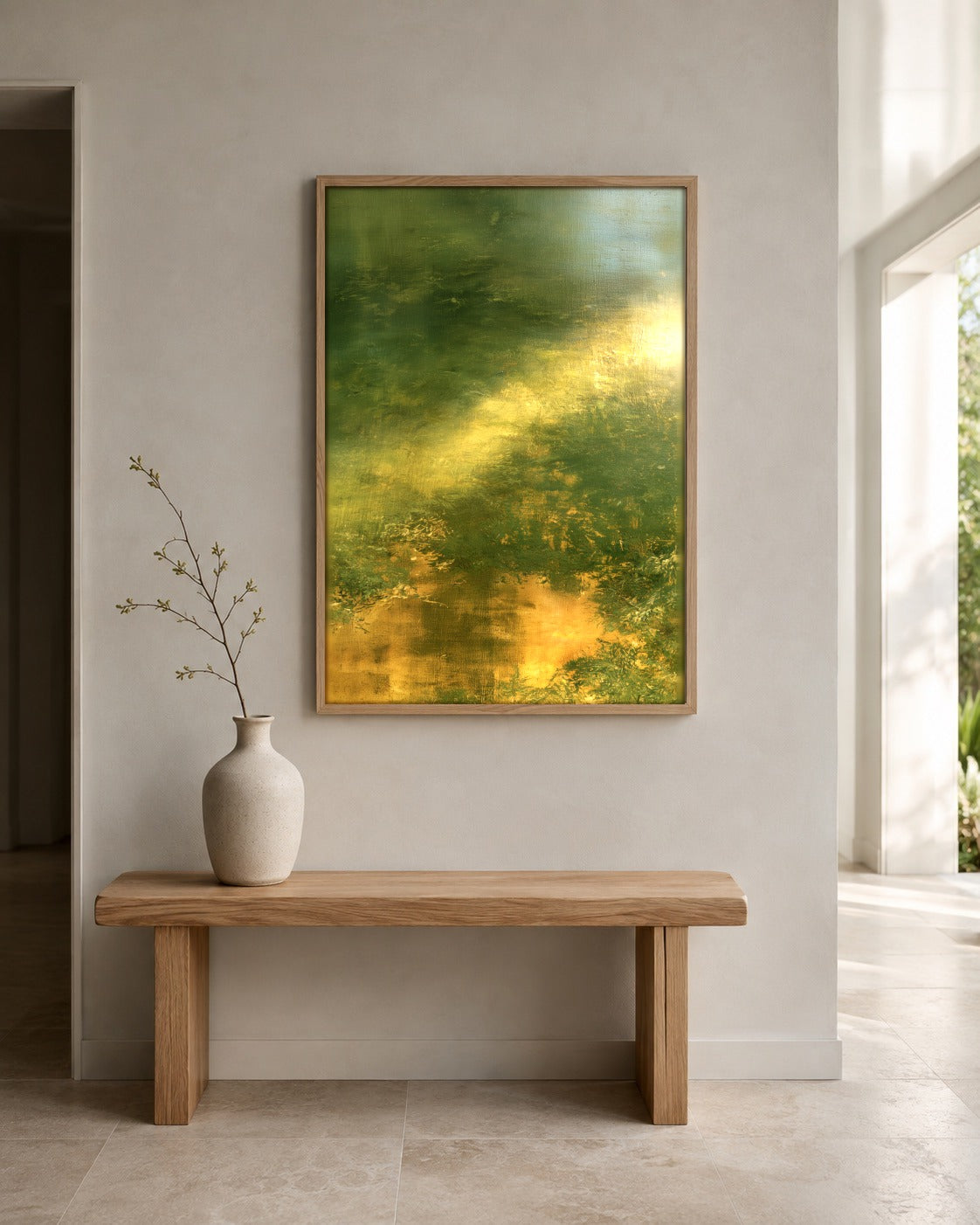 Where the Light Falls green woodland wall art in a home interior