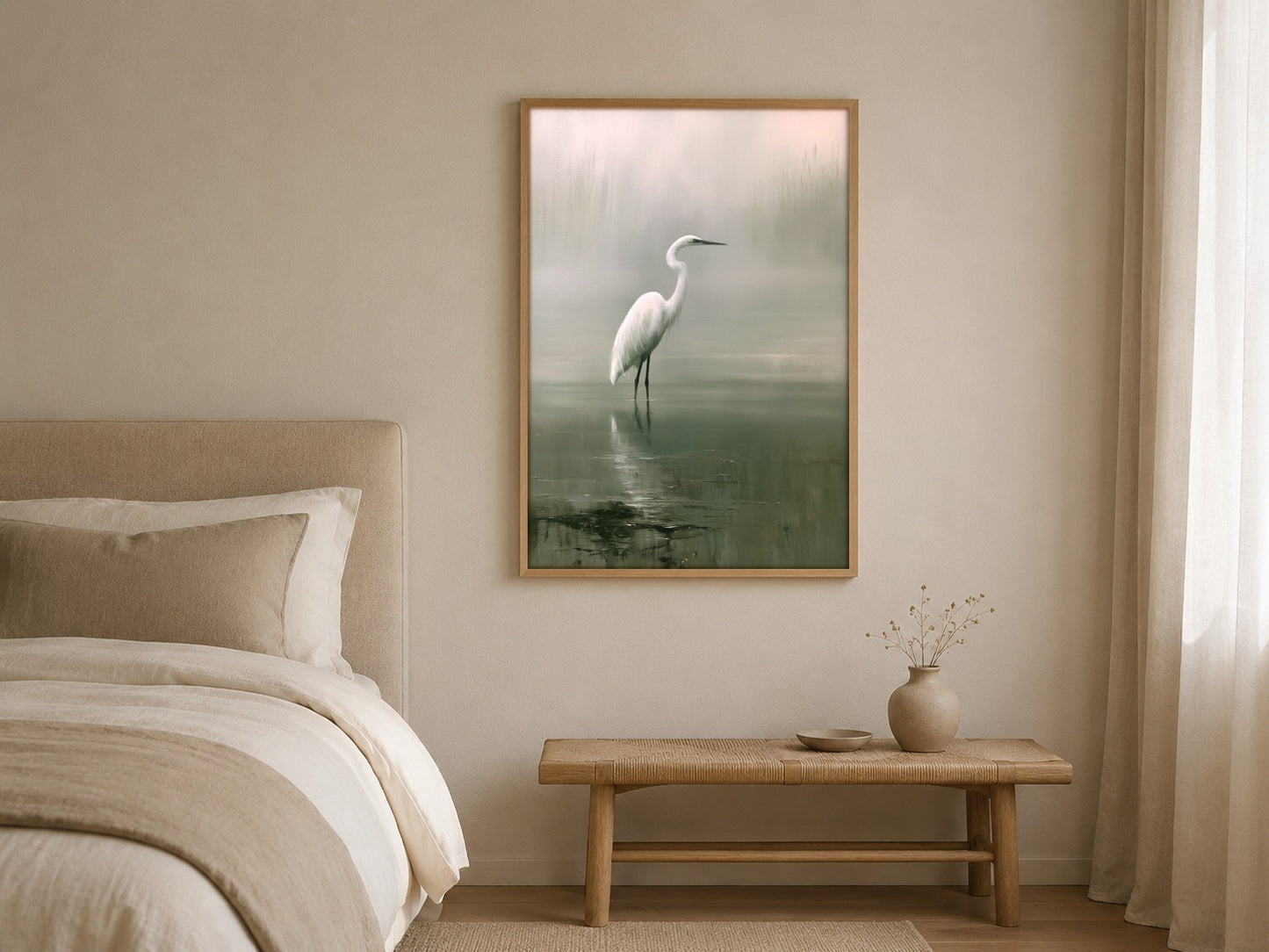 The Pale Heron green heron artwork displayed in a home interior