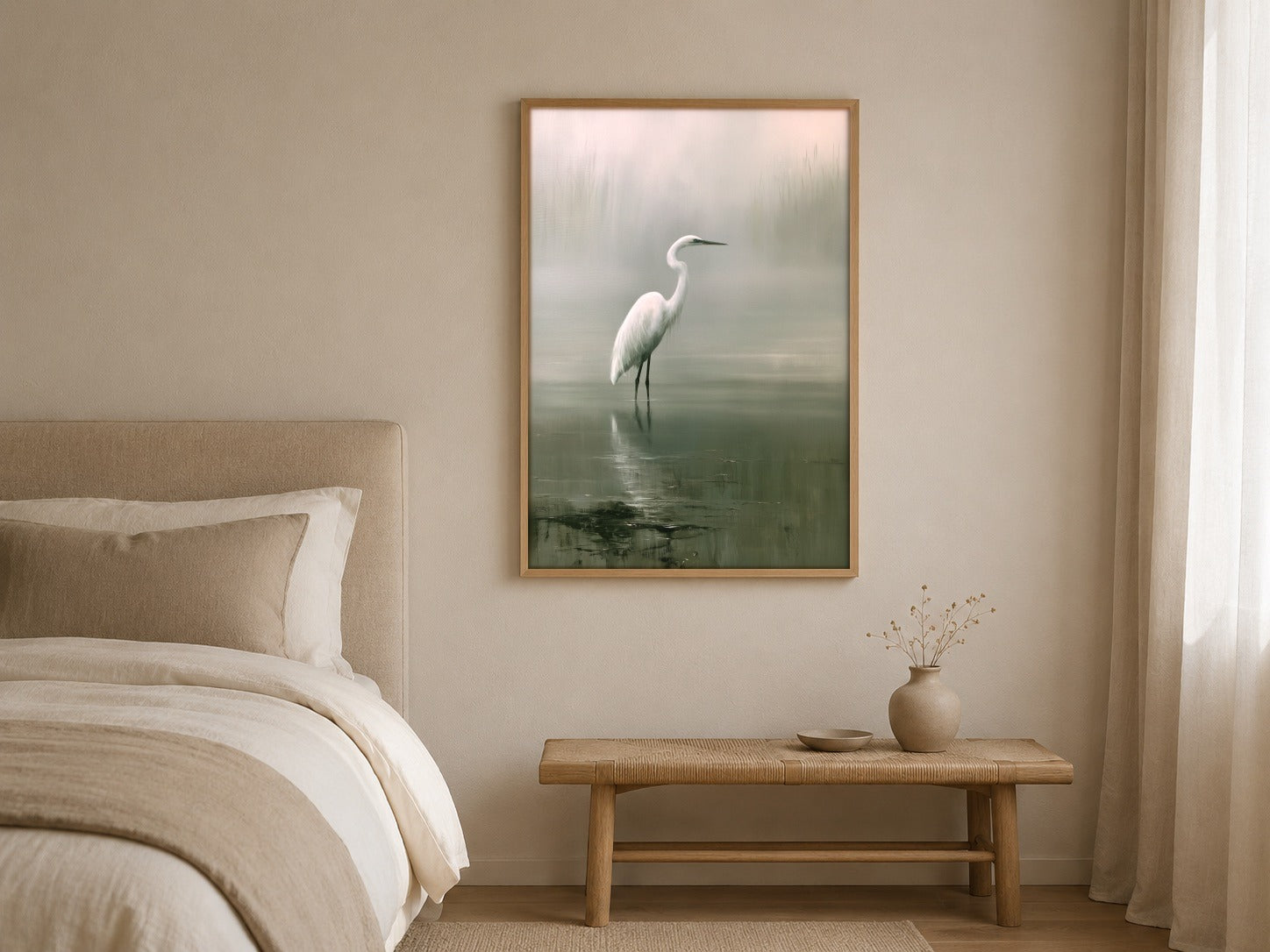 The Pale Heron green heron artwork displayed in a home interior