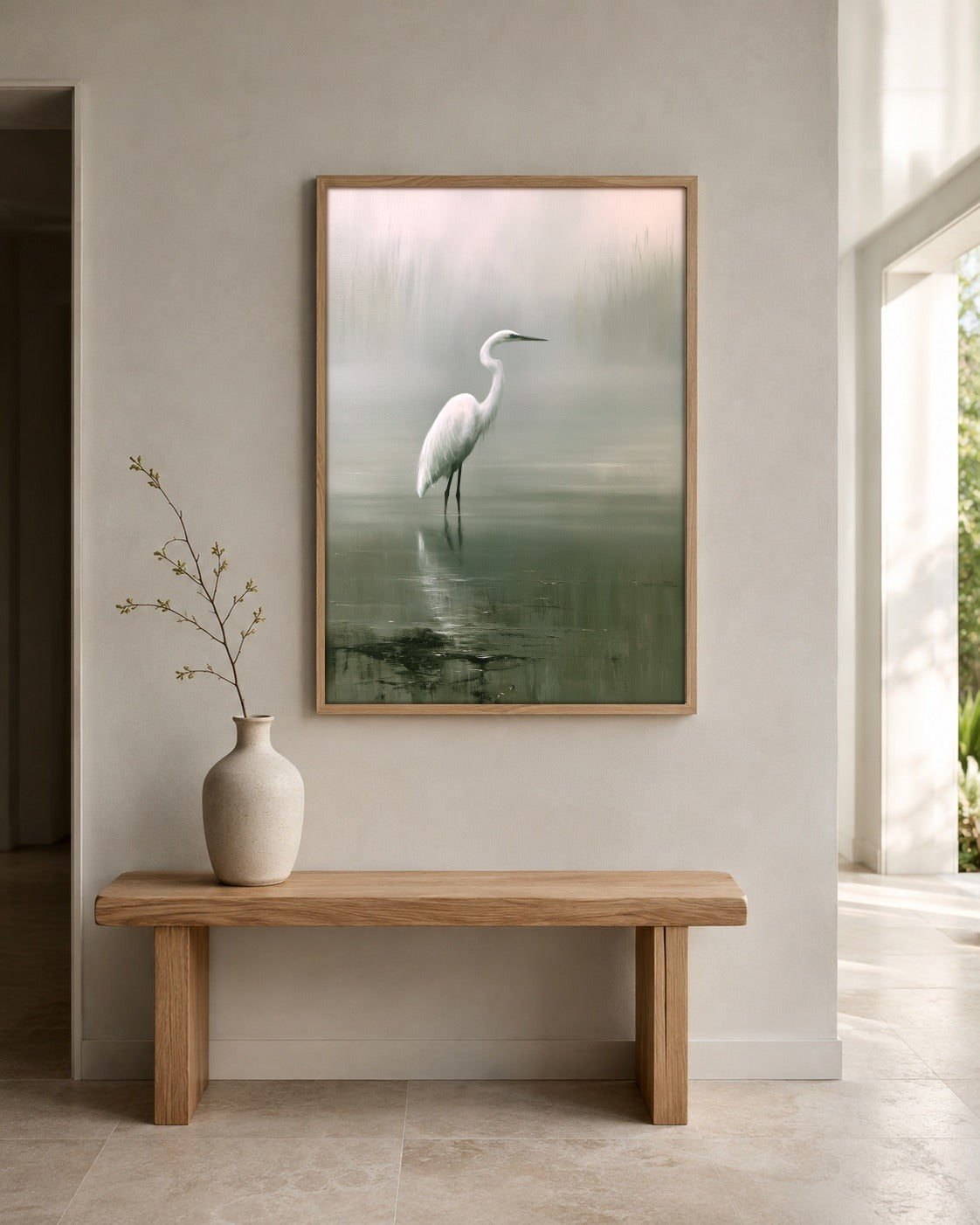 The Pale Heron framed wall art styled on an interior wall