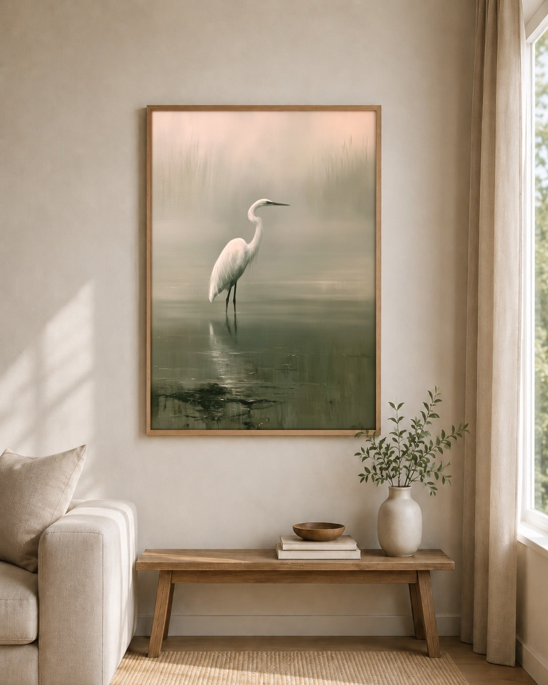 The Pale Heron framed bird wall art in a contemporary interior
