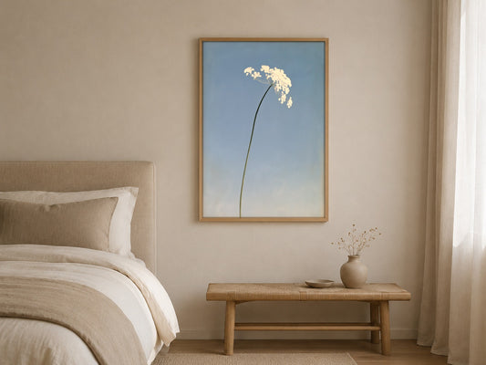 A Quiet Bloom blue botanical wall art, framed in a styled interior