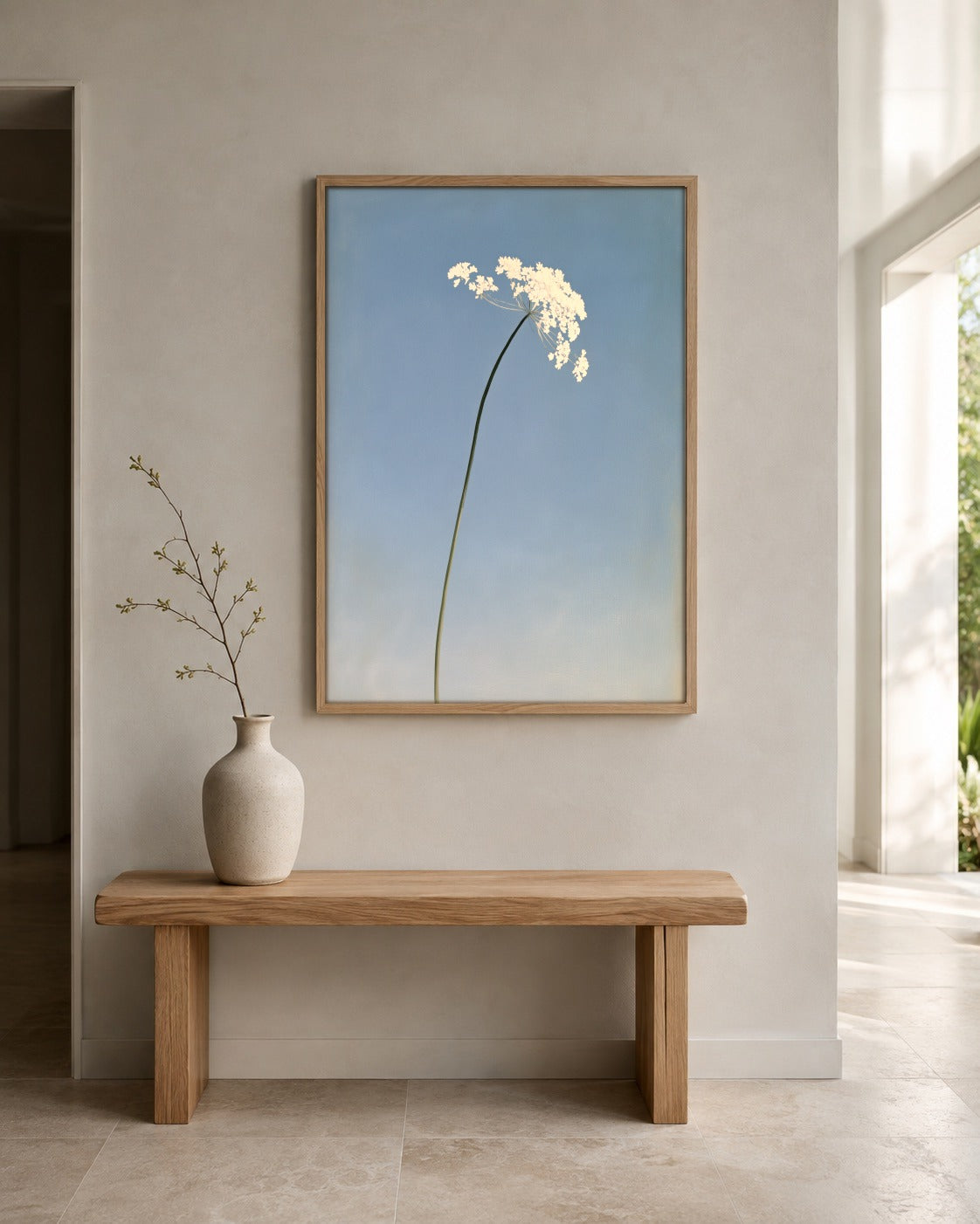 A Quiet Bloom blue flower wall art displayed in a home interior