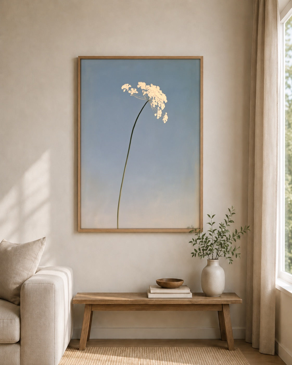 A Quiet Bloom framed wall art styled on an interior wall