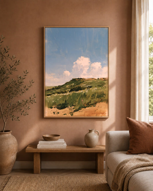 Beyond the Dunes coastal dune wall art, framed in a styled interior