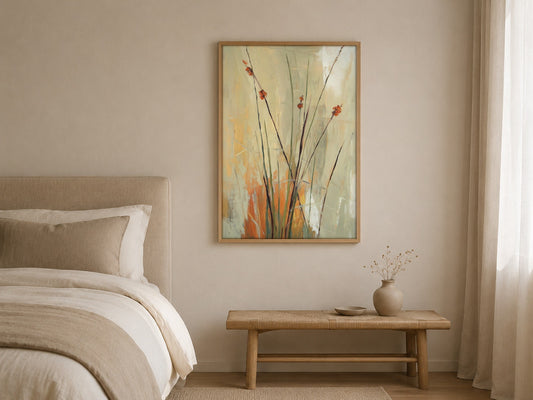 Wild Poppy orange botanical abstract wall art, framed in a styled interior