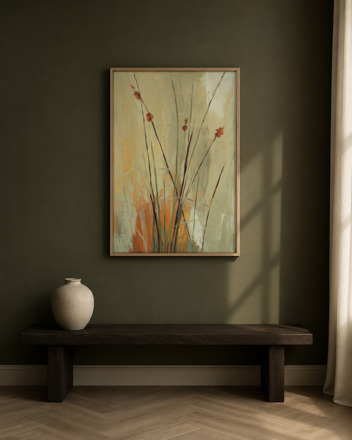 Wild Poppy framed botanical artwork in a contemporary interior