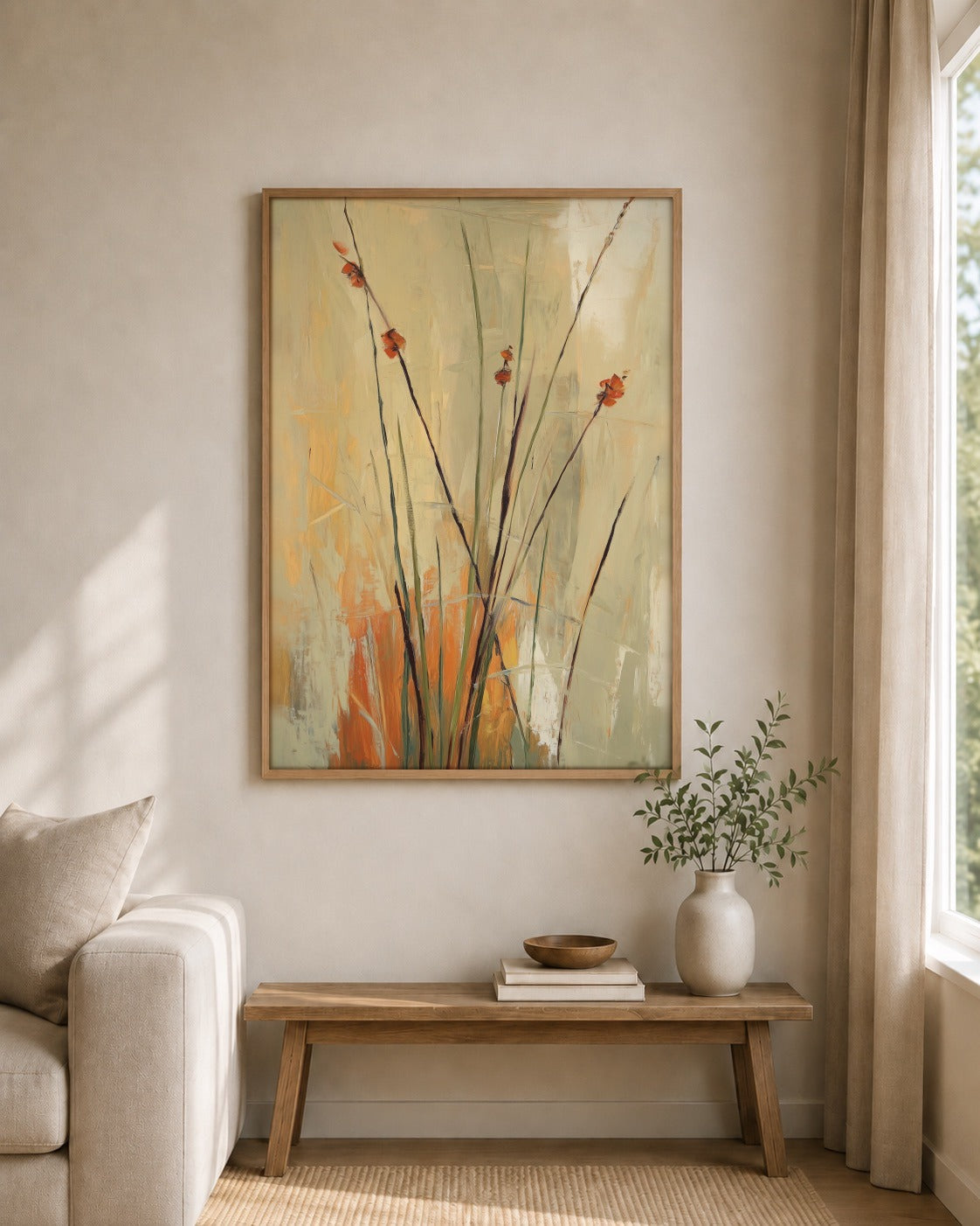 Wild Poppy framed wall art styled on an interior wall
