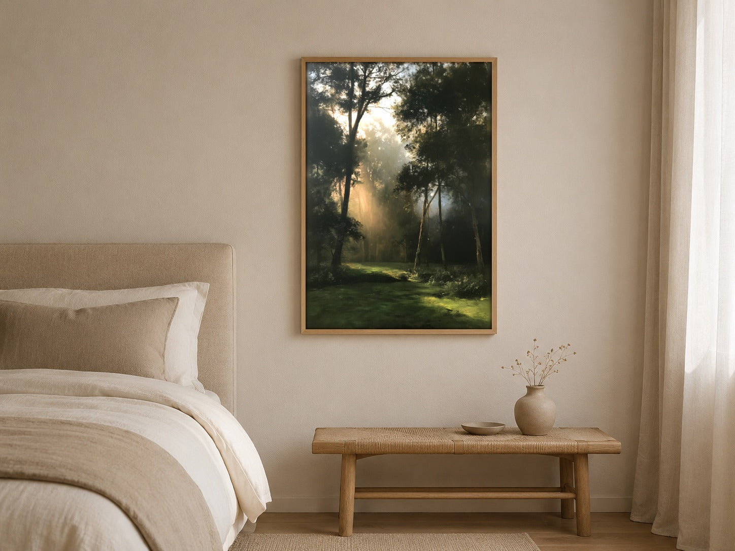 Light in the Clearing woodland wall art, framed in a styled interior