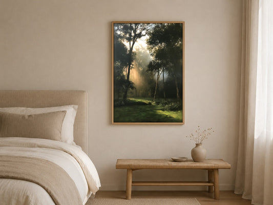 Light in the Clearing woodland wall art, framed in a styled interior