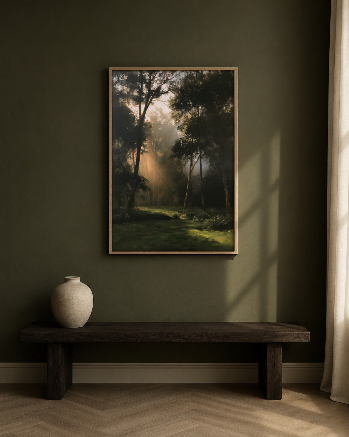 Light in the Clearing framed forest artwork in a contemporary interior