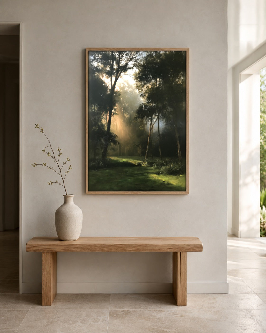 Light in the Clearing sunlit woodland wall art displayed in a home interior