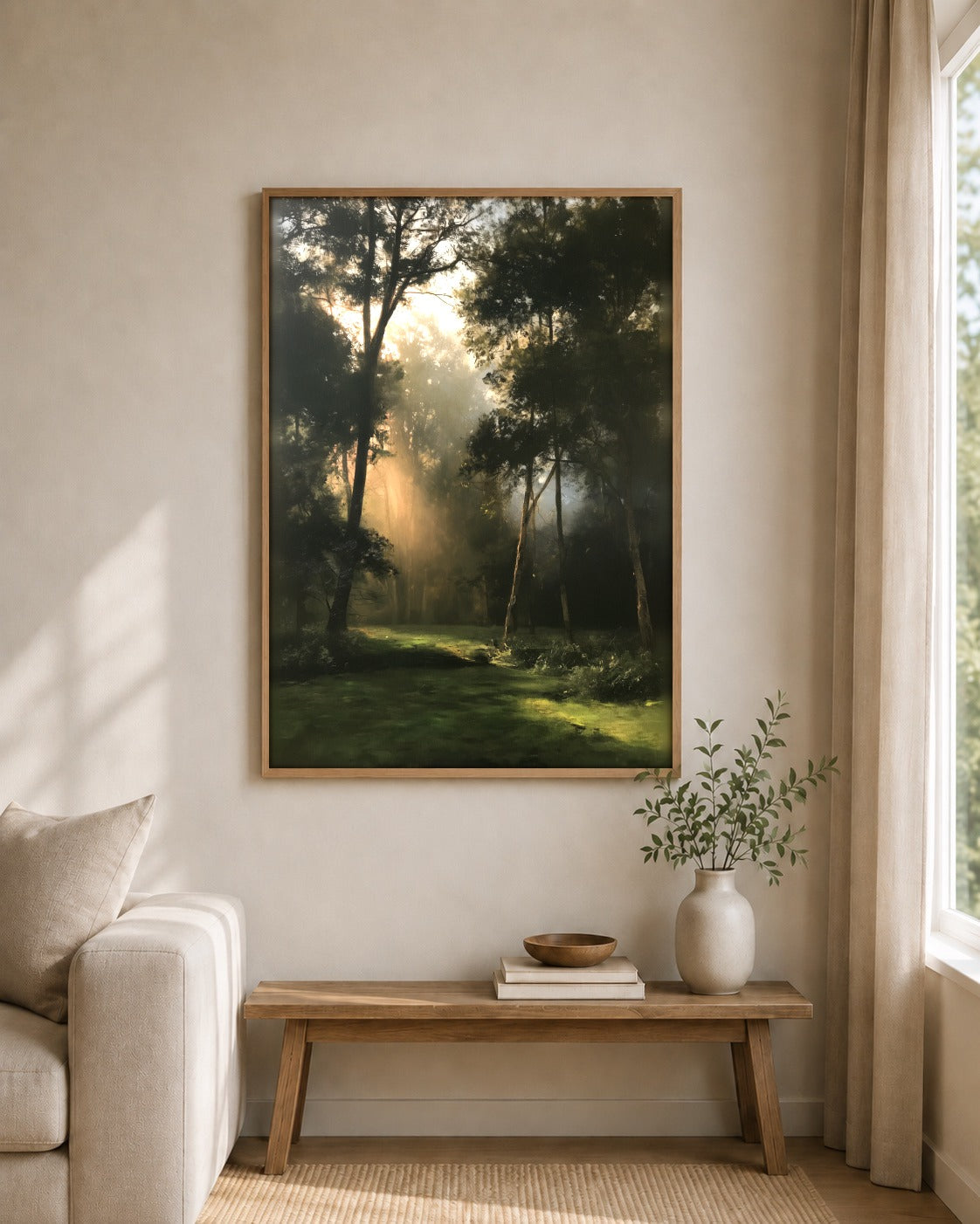 Light in the Clearing framed wall art styled on an interior wall