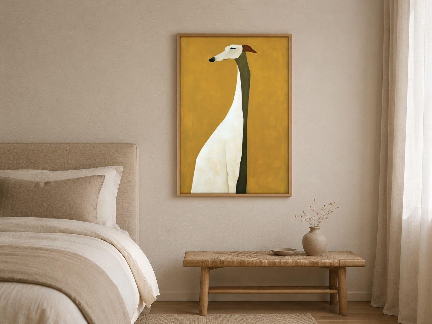 The Watchful Hound greyhound portrait wall art, framed in a styled interior