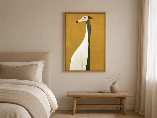 The Watchful Hound greyhound portrait wall art, framed in a styled interior