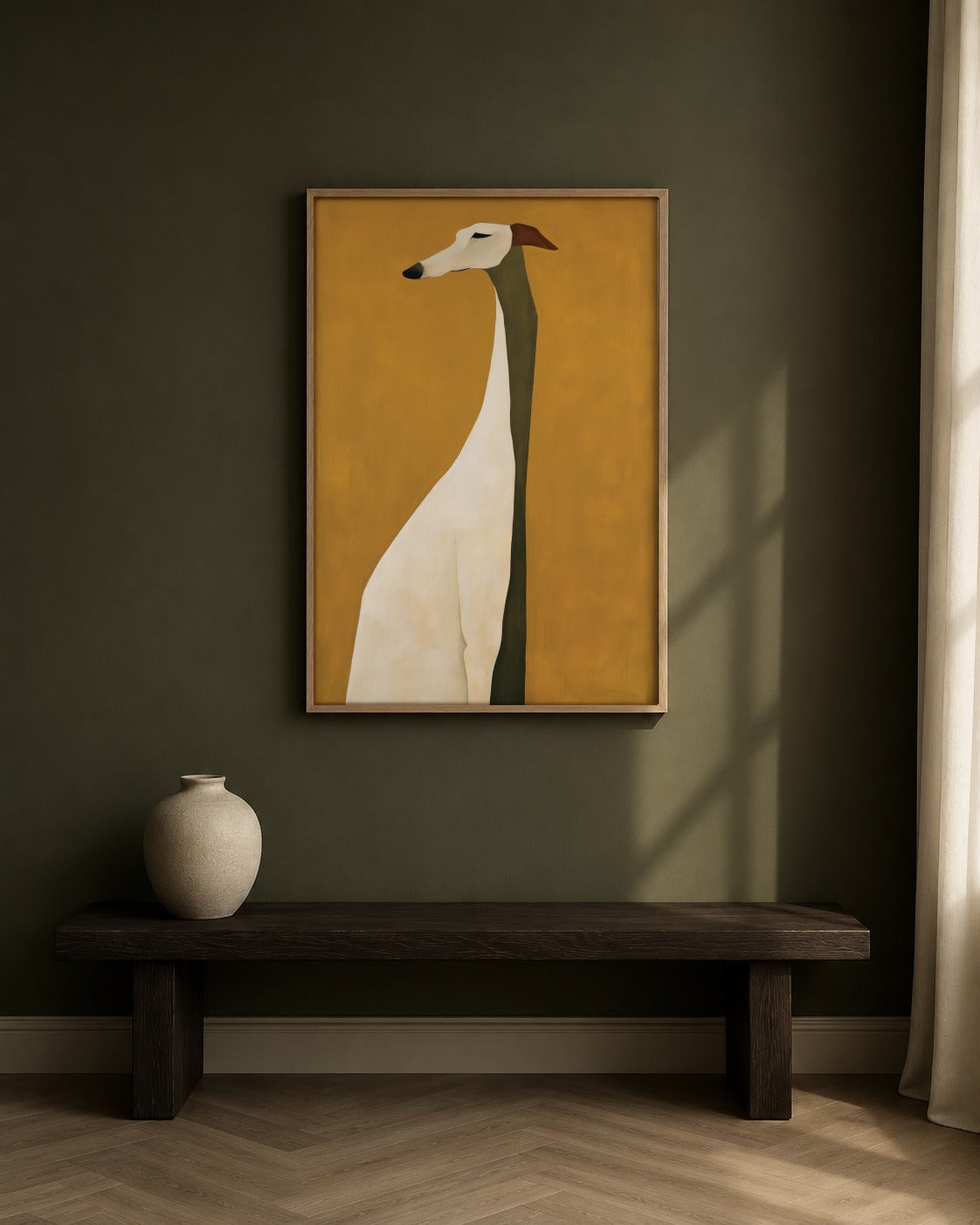 The Watchful Hound framed greyhound artwork in a contemporary interior
