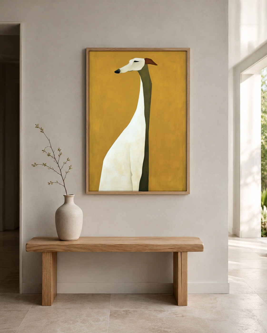 The Watchful Hound greyhound portrait displayed in a home interior